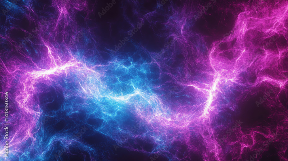 Fototapeta premium Vibrant neon red & blue plasma bursts with electric chaos energy, ultra-HD cybernetic vibes. Perfect for sci-fi & cyberpunk themes, futuristic & high-tech visuals.