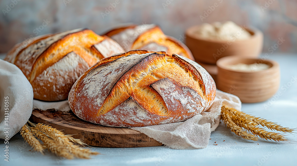 A rustic still life featuring several loaves of freshly baked sourdough bread in a wicker basket, accompanied by wheat stalks and draped with linen fabric, against a textured gray background, evoking