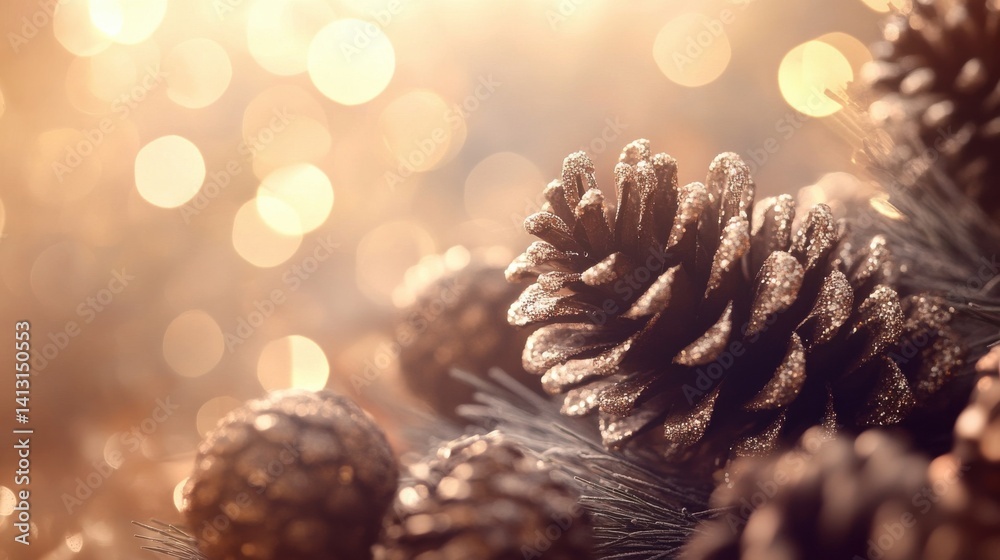 Sparkling Pinecones and Golden Bokeh Background for Holiday Theme