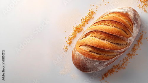 A rustic still life featuring several loaves of freshly baked sourdough bread in a wicker basket, accompanied by wheat stalks and draped with linen fabric, against a textured gray background, evoking 