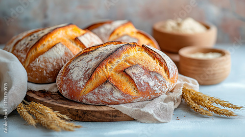Obraz na płótnie A rustic still life featuring several loaves of freshly baked sourdough bread in a wicker basket, accompanied by wheat stalks and draped with linen fabric, against a textured gray background, evoking w salonie