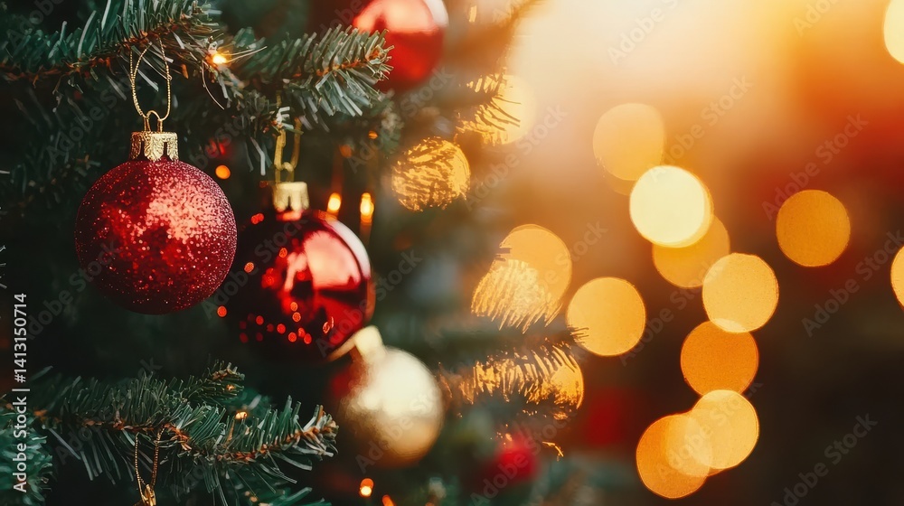 Sparkling Red and Gold Ornaments on a Christmas Tree with Lights