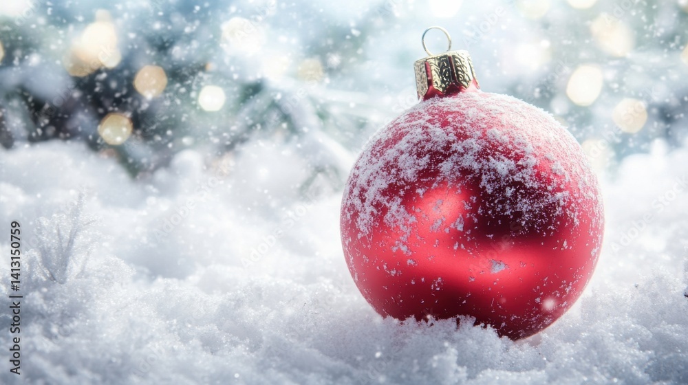Sparkling Red Christmas Ornament on Snowy Ground with Bokeh Lights