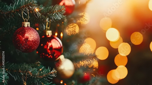 Obraz na płótnie Sparkling Red and Gold Ornaments on a Christmas Tree with Lights w salonie