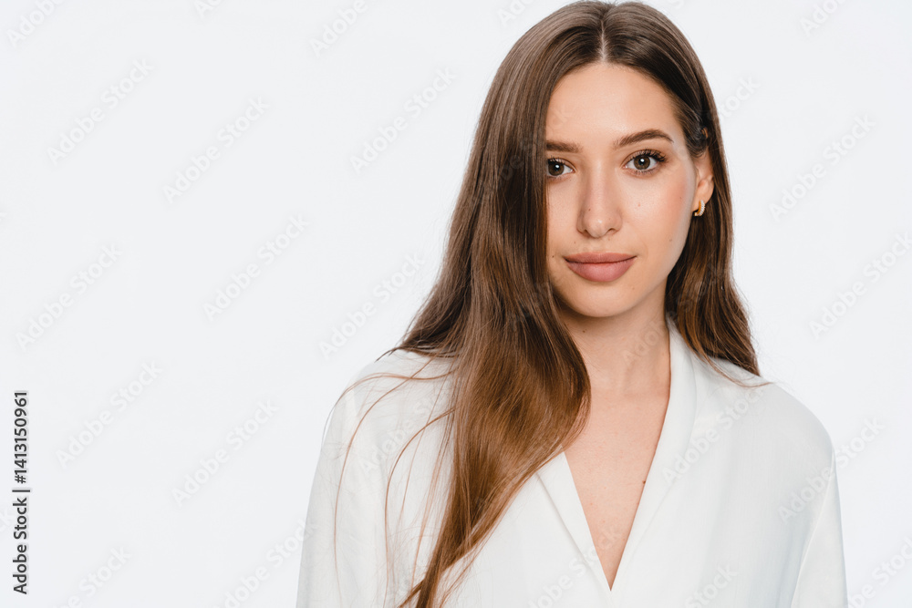 Close up of young cheerful woman girl manager student in casual clothes happy positive smile dream look at camera empty space for advertisement isolated over white color background
