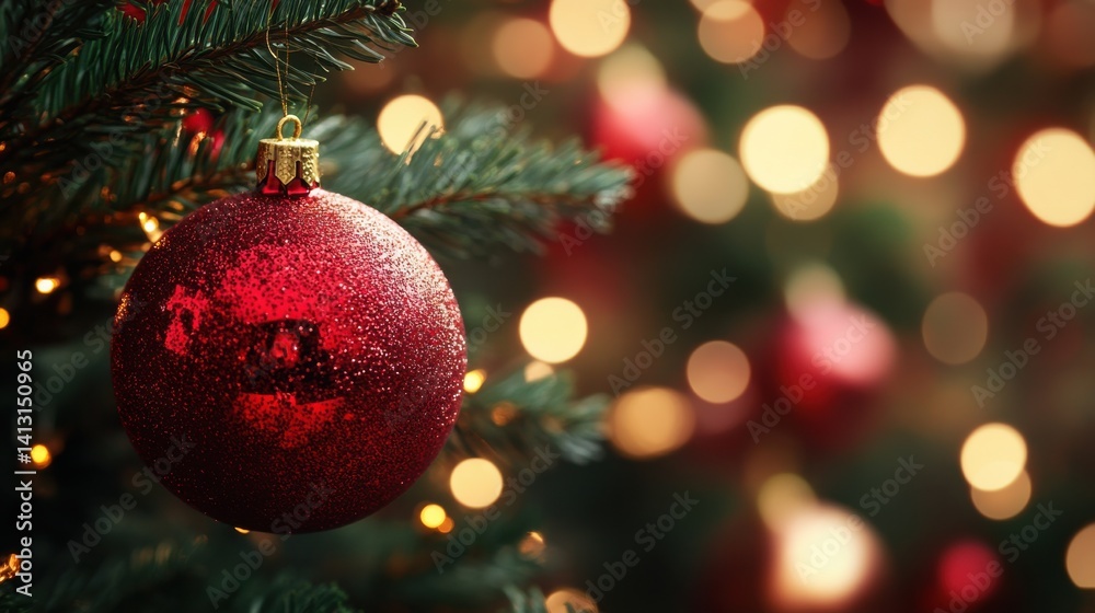 Sparkling Red Ornament Hanging on a Christmas Tree with Lights
