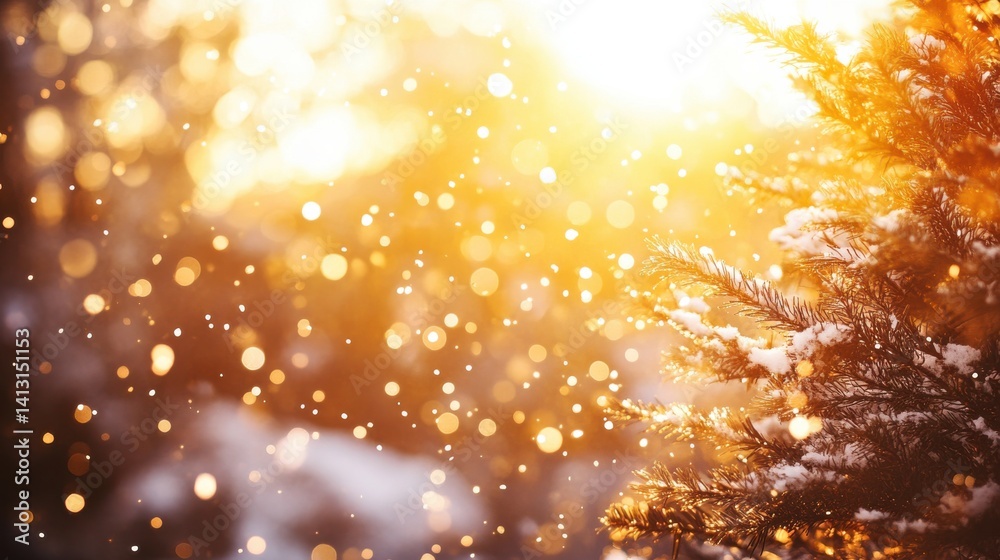 Sparkling Snowfall with Warm Sunlight in a Winter Landscape Scene