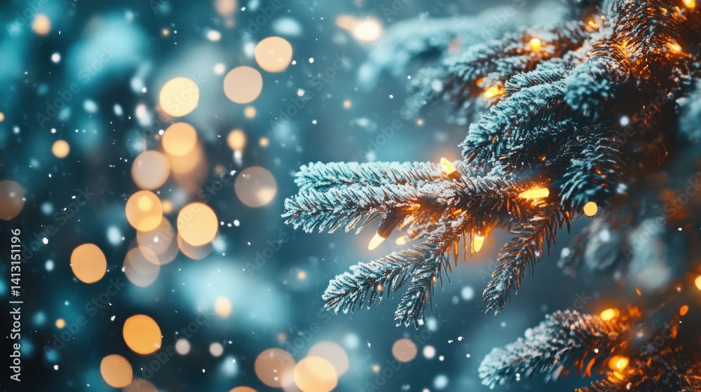 Sparkling Snowy Christmas Tree Branch with Warm Glowing Lights