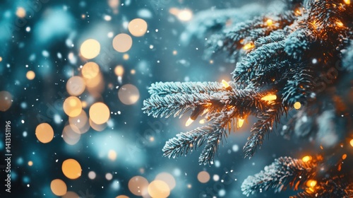 Obraz na płótnie Sparkling Snowy Christmas Tree Branch with Warm Glowing Lights w salonie