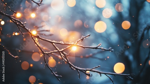 Sparkling Winter Scene with Frosty Branches and Soft Light Bokeh