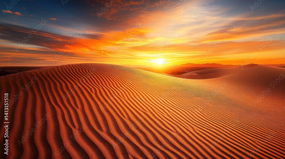 Stunning Sunset Over Golden Sand Dunes in the Desert Landscape