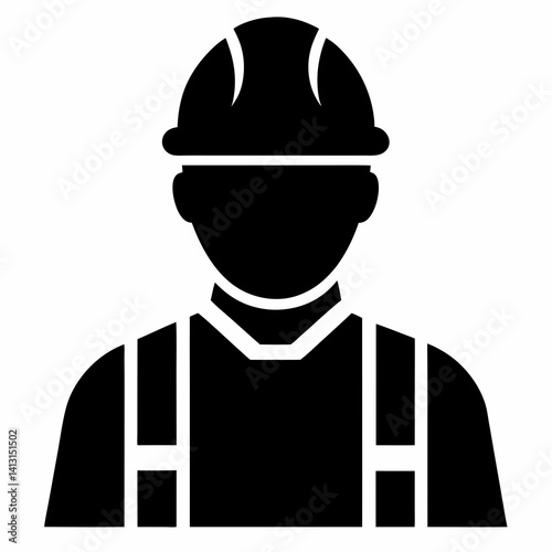 A black silhouette of a construction worker wearing a hard hat and safety gear