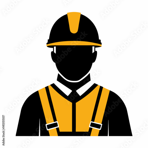 A black silhouette of a construction worker wearing a hard hat and safety gear