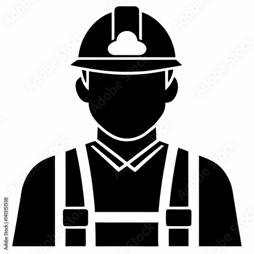 A black silhouette of a construction worker wearing a hard hat and safety gear