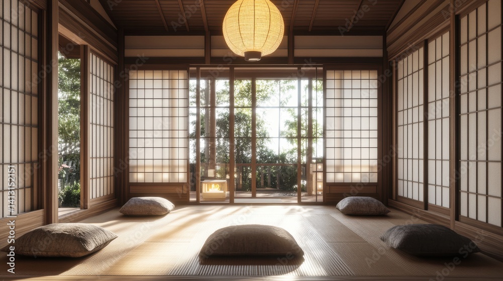 Tranquil Japanese Room with Sliding Doors and Natural Lighting