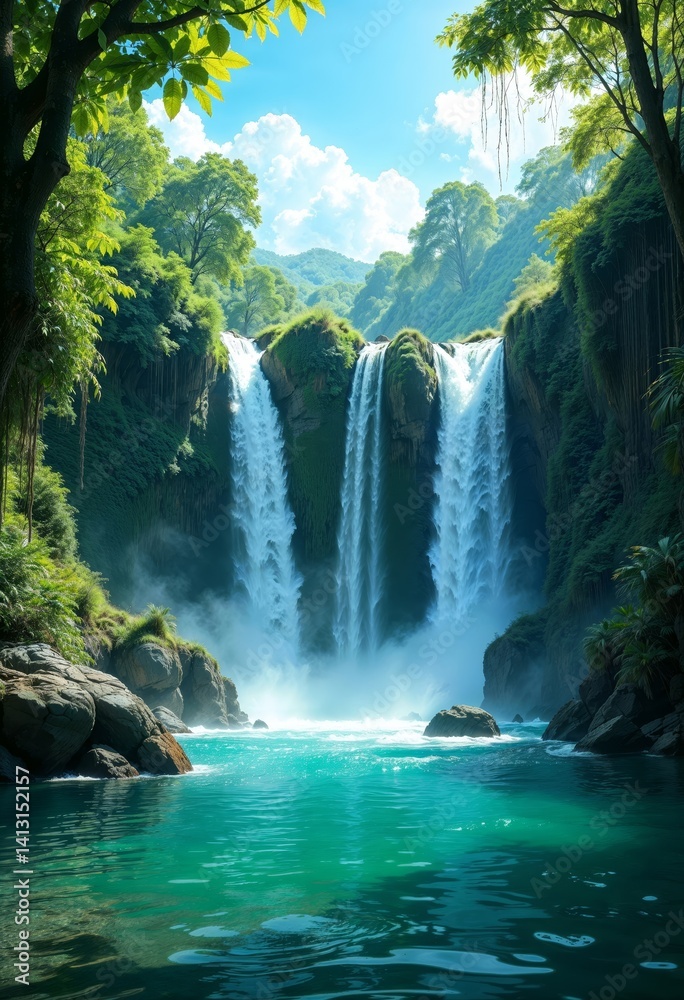 Fototapeta premium Serene Nature Scene Featuring Jungle and Waterfall