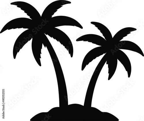 Tropical island beach vector art design with a palm tree silhouette under the summer sun
