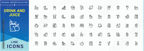 Drink And Juice icon set. Contain linear symbols alcohol, wine, restaurant, beer, drink, cocktail and more. Minimal icons collection. Drinks icon set. Vector artwork and illustration.