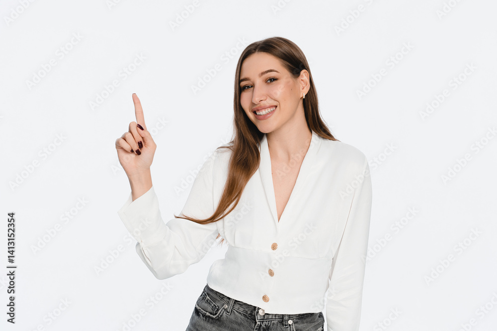 Photo of pretty sales manager young woman lady self-confident person indicating finger empty space wear casual shirt and jeans isolated white color background. Advertising concept Photo of pretty sales manager young woman lady self-confident person indicating finger empty space wear casual shirt and jeans isolated white color background. Advertising concept