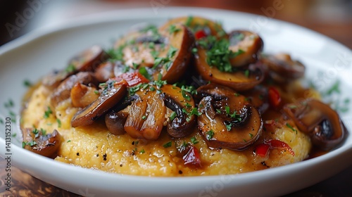 Creamy vegan polenta sauted mushrooms plated on a white ceramic dish minimalist setup