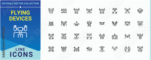 Flying Devices icon set. Contain linear symbols air, transport, camera, fly, technology, drone, flight and more. Drones icon set. Icons for UI design. Editable vector. Pixel perfect.