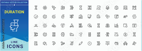 Duration icon set. It contains symbols to schedule, sandglass, day, countdown, hourglass, hour and more. Outline icons pack. Day icon. Editable vector stroke.