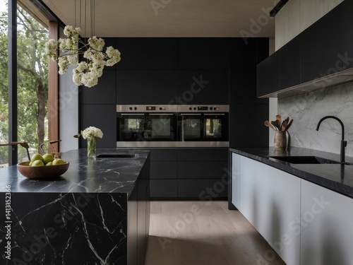 Modern and stylish kitchen design with black cabinetry and countertops