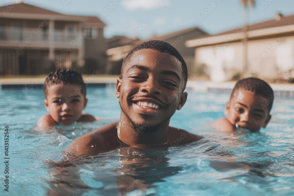 Father with sons in pool Father with sons in pool
