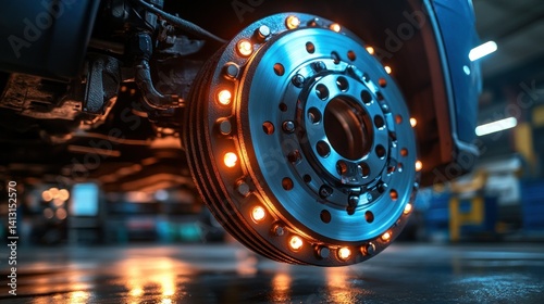 Close-up of a truck wheel with illuminated disc brakes