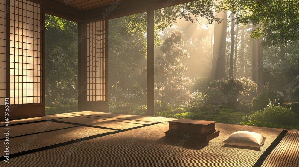 Tranquil Zen Garden with Soft Light Streaming Through Traditional Room