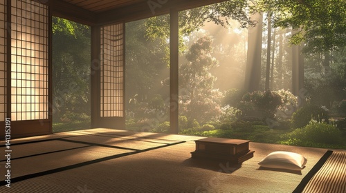 Obraz na płótnie Tranquil Zen Garden with Soft Light Streaming Through Traditional Room w salonie