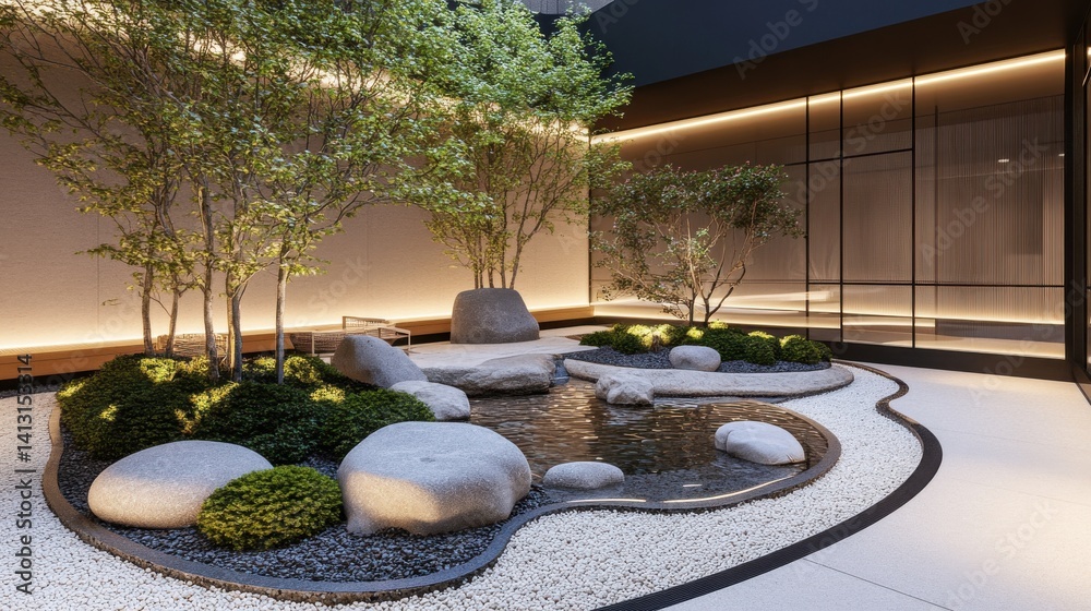 Tranquil Zen Garden with Stones, Water, and Lush Greenery Design
