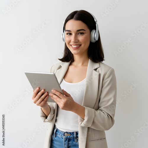 A young woman with shoulder-length dark hair wears headphones, a beige blazer, and a white top. She smiles while holding a tablet, exuding a professional and approachable vibe.