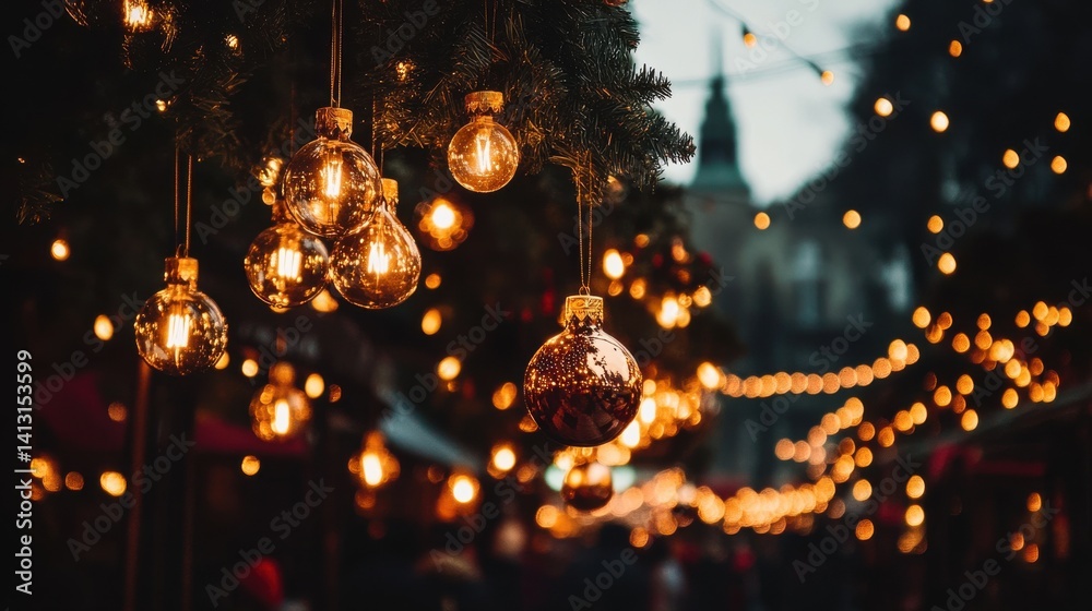 Twinkling Holiday Lights and Ornaments at Festive Market Scene
