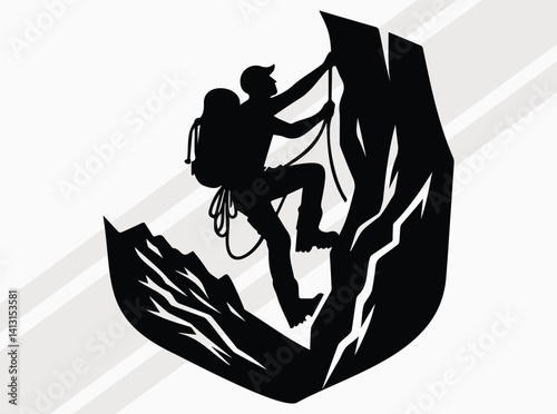 Black Silhouette of a Mountain Climber with Backpack on Steep Cliff with Sun in Background for Outdoor Adventure and Hiking Design Template