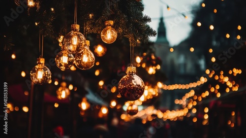 Obraz na płótnie Twinkling Holiday Lights and Ornaments at Festive Market Scene w salonie