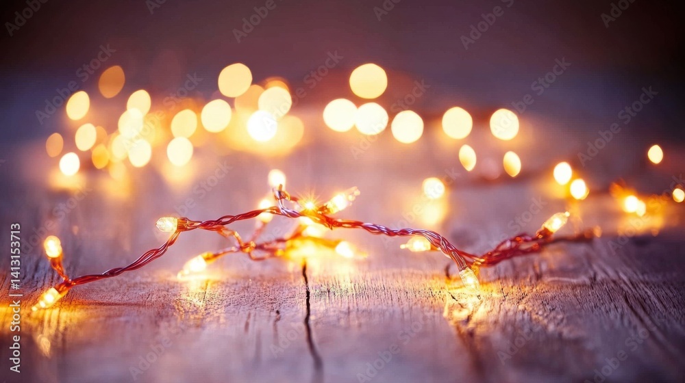 Twinkling String Lights on Rustic Wooden Surface at Dusk