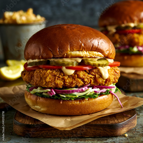A golden-brown crispy chicken filet tucked in a toasted brioche bun with tangy pickles, fresh slaw, and zesty mayo, bursting with crunch and flavor