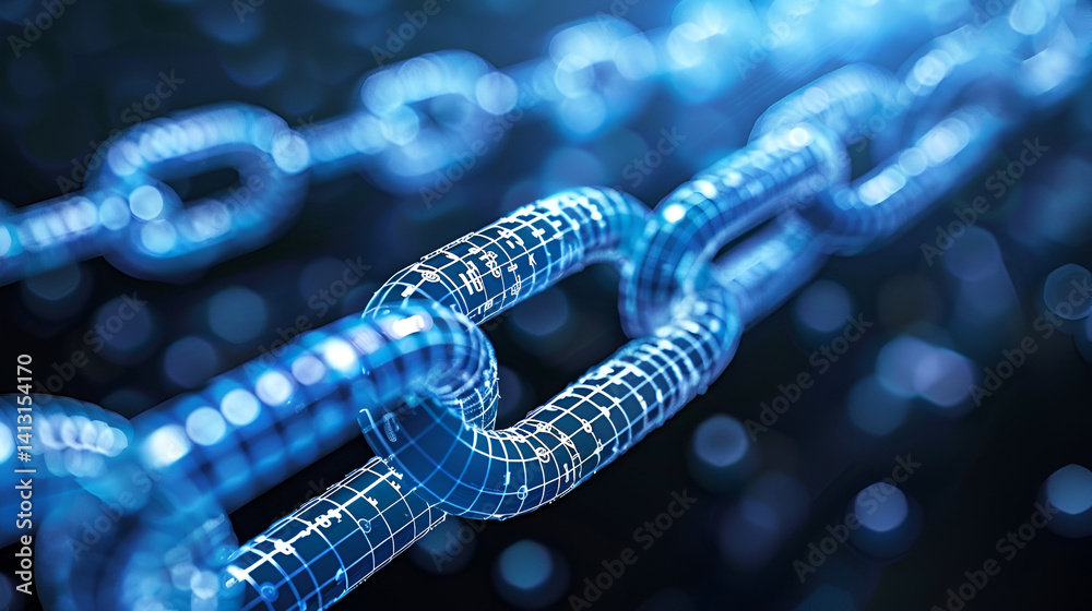 Close up of a blue digital chain with glowing nodes and grid pattern on a dark blurred background Close up of a blue digital chain with glowing nodes and grid pattern on a dark blurred background