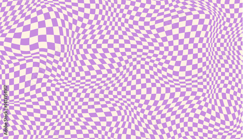Purple groovy checker seamless pattern, wavy abstract retro checkerboard background. Trippy wave board geometric. Funky square warp y2k chess psychedelic 90s print.
