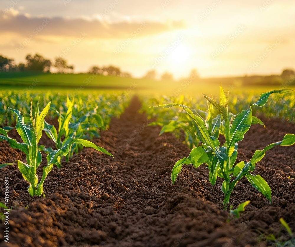 Bright Sunset Over Young Corn Plants in Fertile Field with Rows of Green Corn Leaves Reaching for the Sun in Agricultural Landscape