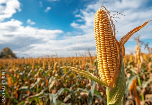 Obraz na płótnie Close-Up of a Single Corn Cobb Surrounded by Golden Corn Field and Bright Blue Sky, Capturing the Essence of Agriculture and Harvest Season w salonie