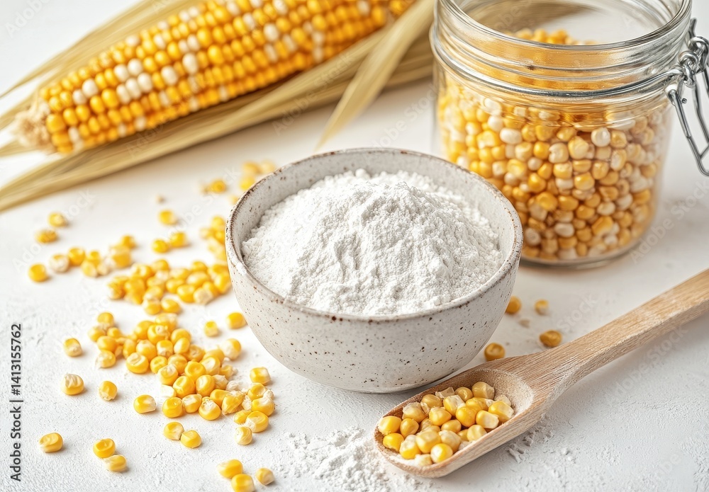 Close-Up of Corn Kernels, Corn Flour, and Dried Corn Ears on White Surface for Natural Food and Cooking Concepts in Culinary Art