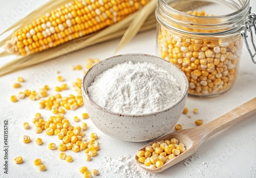 Obraz na płótnie Close-Up of Corn Kernels, Corn Flour, and Dried Corn Ears on White Surface for Natural Food and Cooking Concepts in Culinary Art w salonie