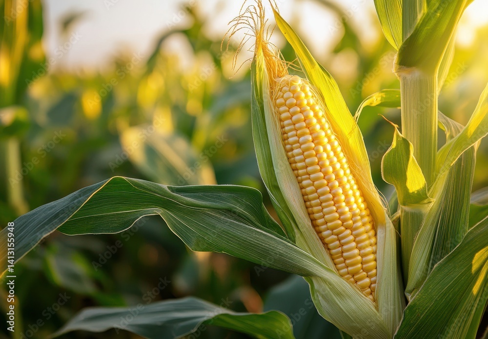 Close-Up of Fresh Corn Cob on Plant in Sunlight, Capturing Golden Kernels and Lush Green Leaves in Vibrant Agricultural Field Atmosphere