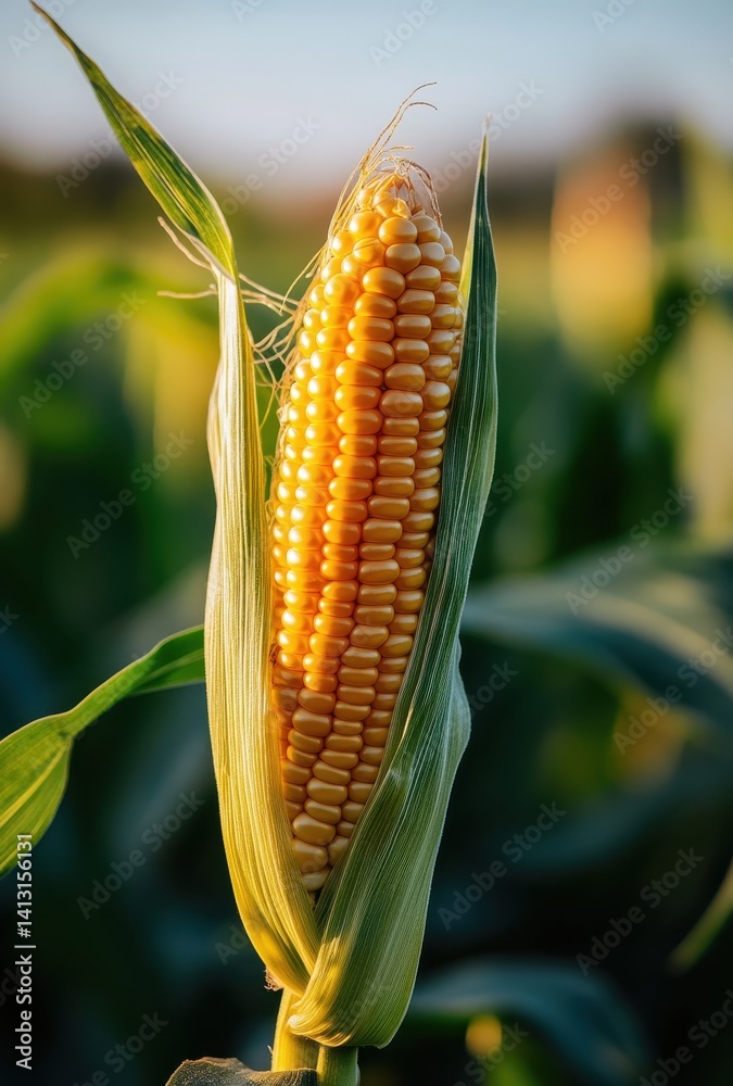Close-Up of Fresh Corn Cob on the Plant Surrounded by Green Leaves Under Soft Natural Light in an Agricultural Field
