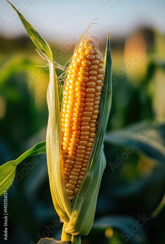 Obraz na płótnie Close-Up of Fresh Corn Cob on the Plant Surrounded by Green Leaves Under Soft Natural Light in an Agricultural Field w salonie