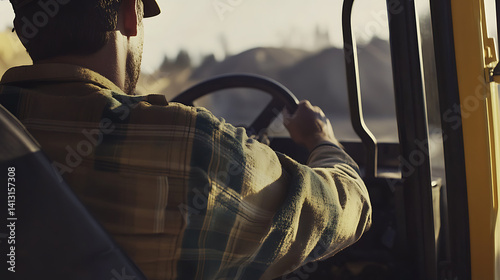 Mining worker operating a haul truck to transport ore at a site. Featuring transport and large-scale mining