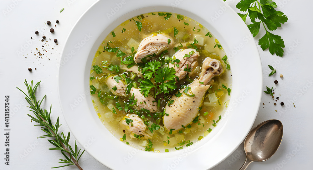 Delicious Chicken Soup Garnished With Fresh Herbs Ready To Enjoy Meal