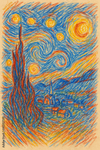 Crayon Drawing of Starry Night